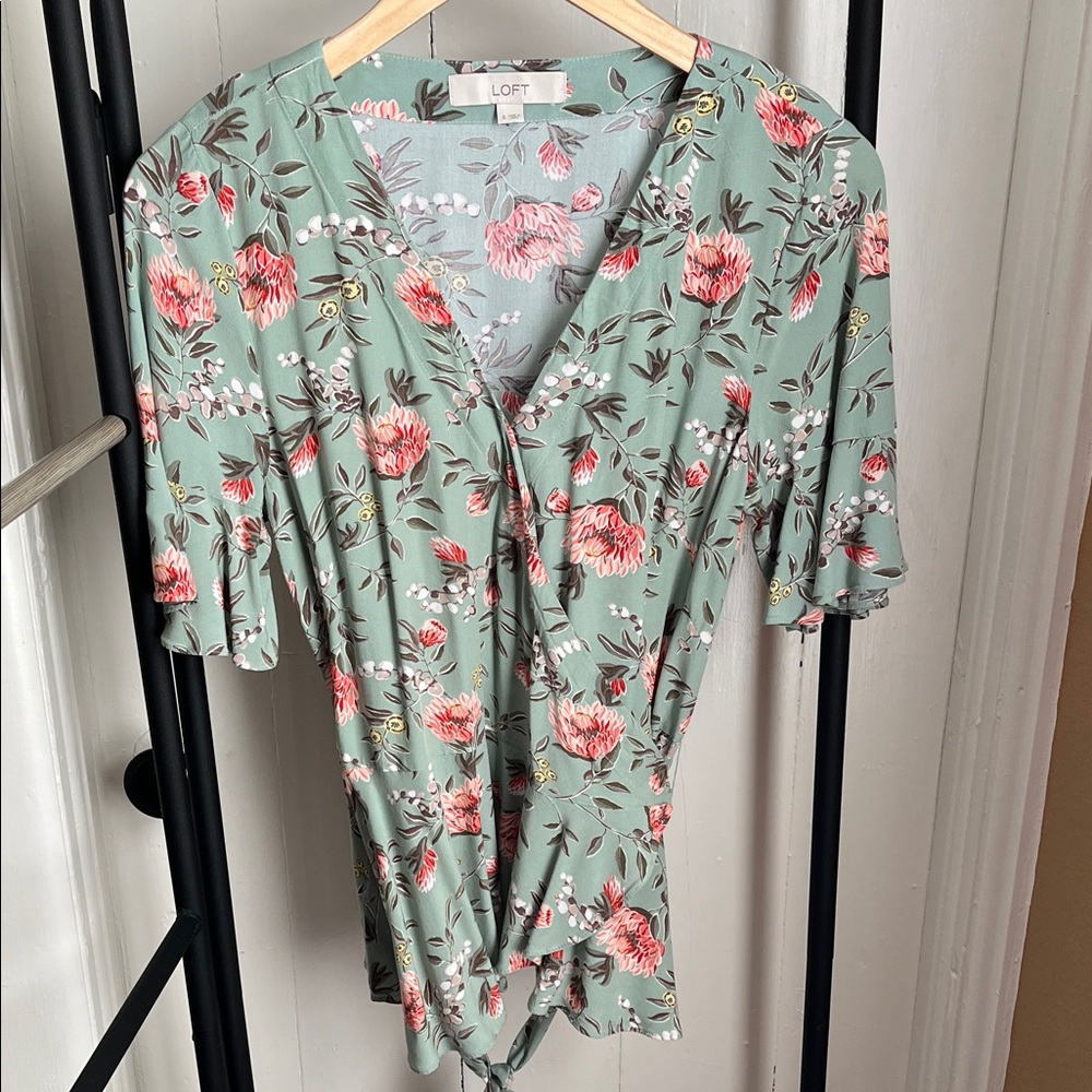 LOFT Floral Wrap Blouse in Green and Coral